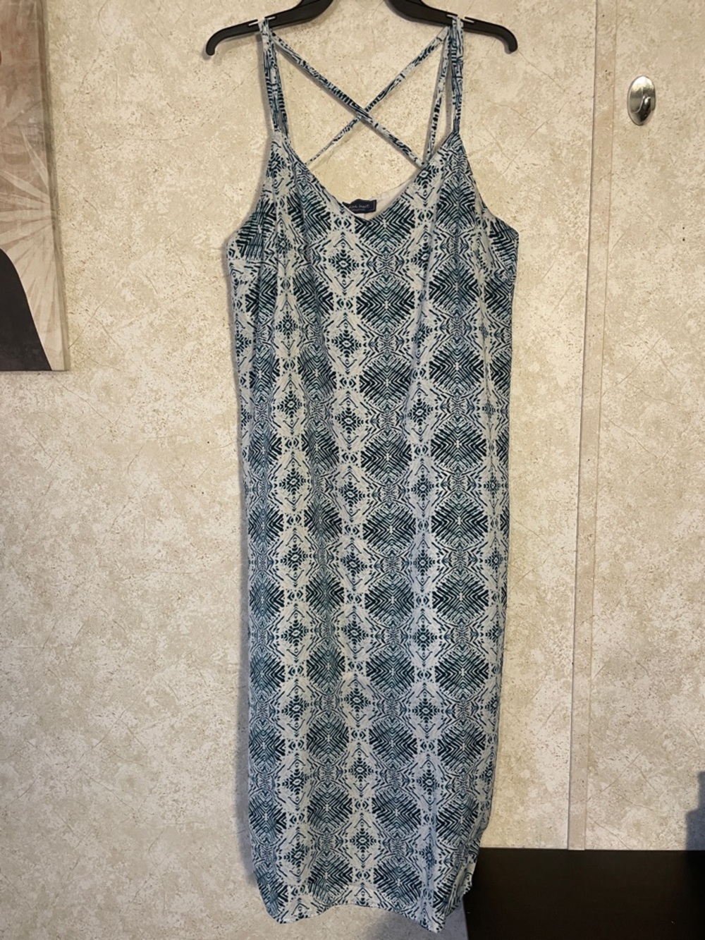 Whoa, Wait. Blue, Black & White Patterned Crisscross Strap Maxi Medium Dress
